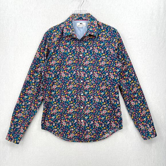 MOODS OF NORWAY Arne Vik Button Up Shirt Men M Blue Retro Floral Cotton Slim Fit - Picture 2 of 12